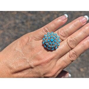 Zuni Dome Cluster Turquoise Stone Ring Handmade Sterling Silver Jewelry Sz 8.25*